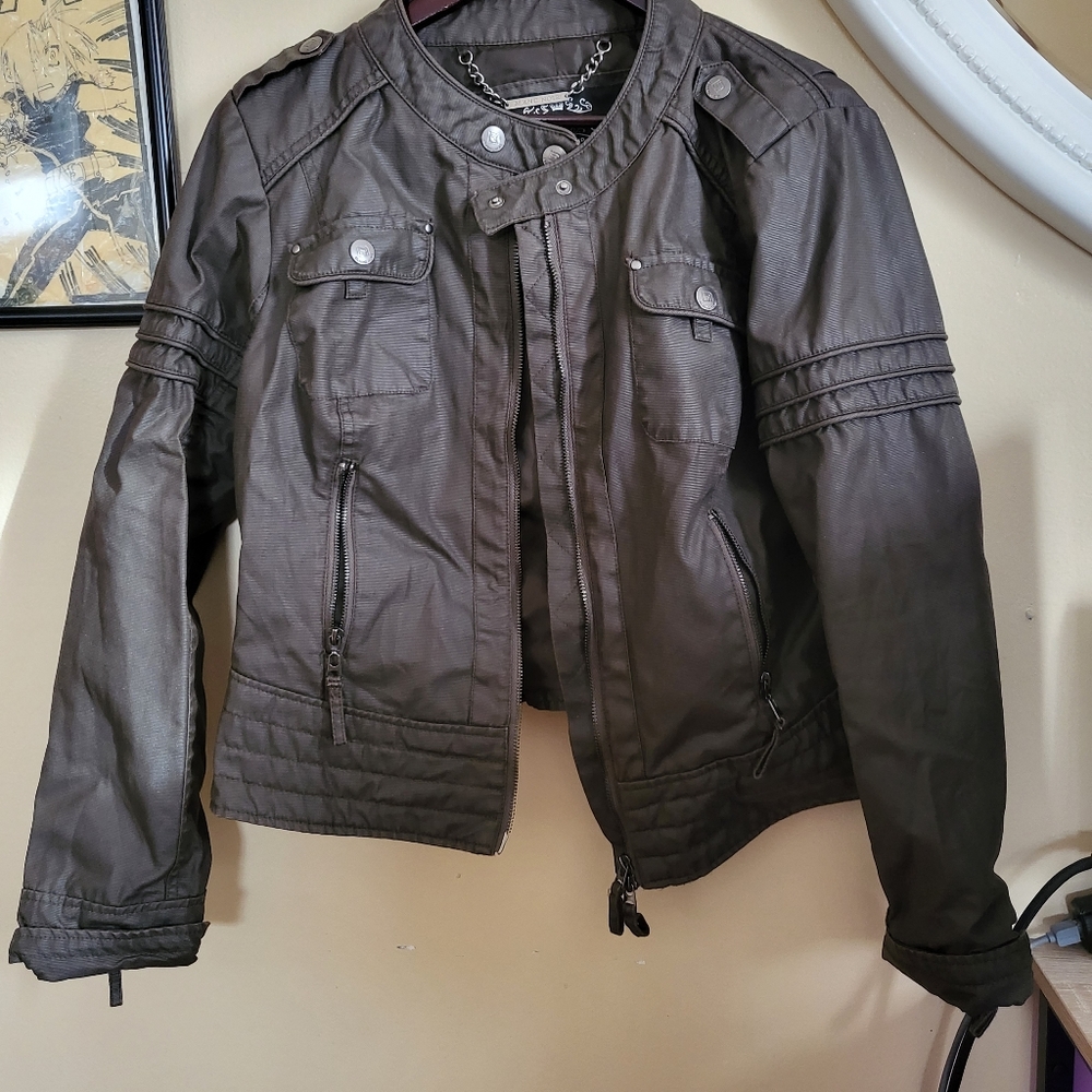 Womens dark green black noir vintage cropped biker goth jacket coat motorcycle